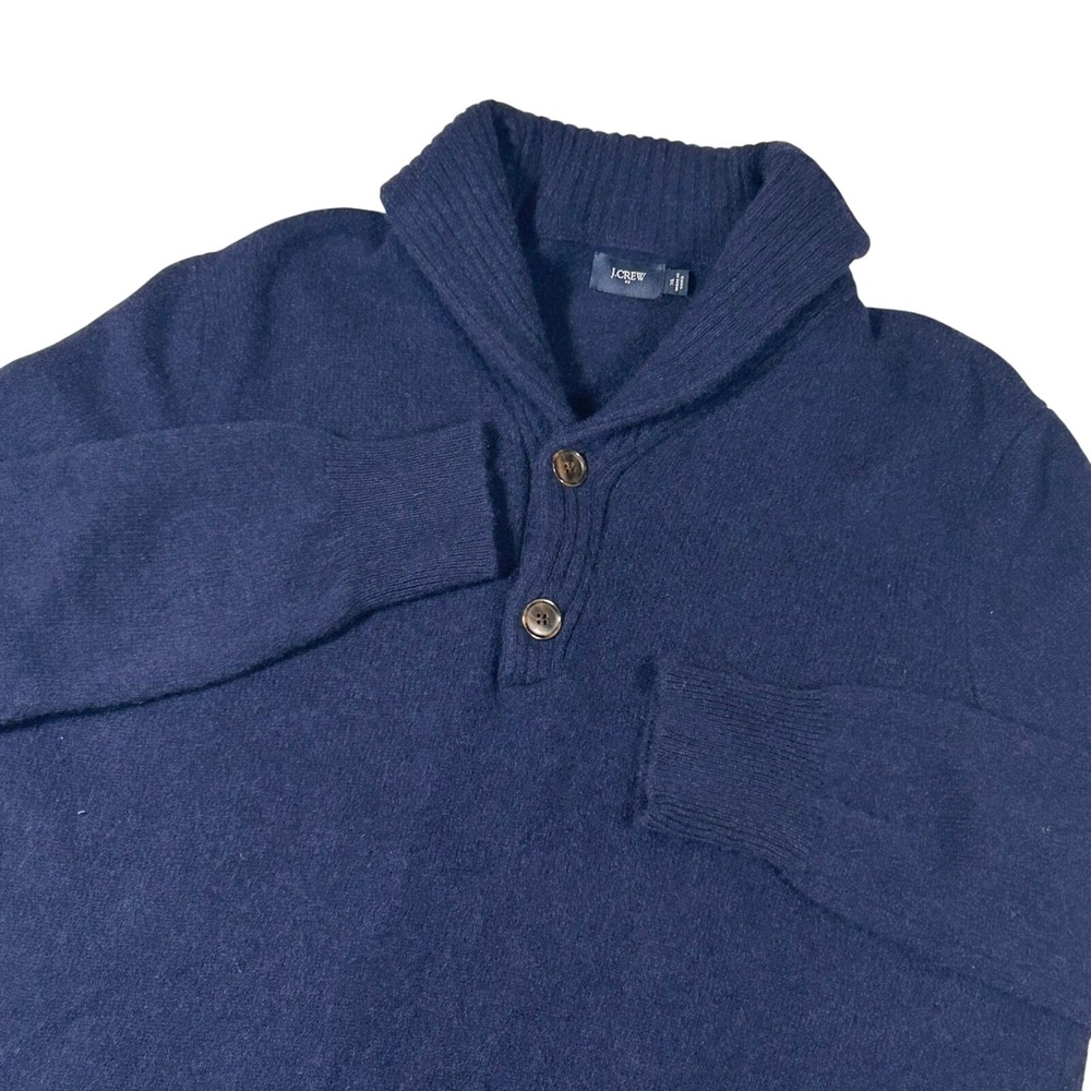 J Crew Navy Blue‎ Shawl Collar Button Neck 100 Lambs Wool Sweater Mens XL